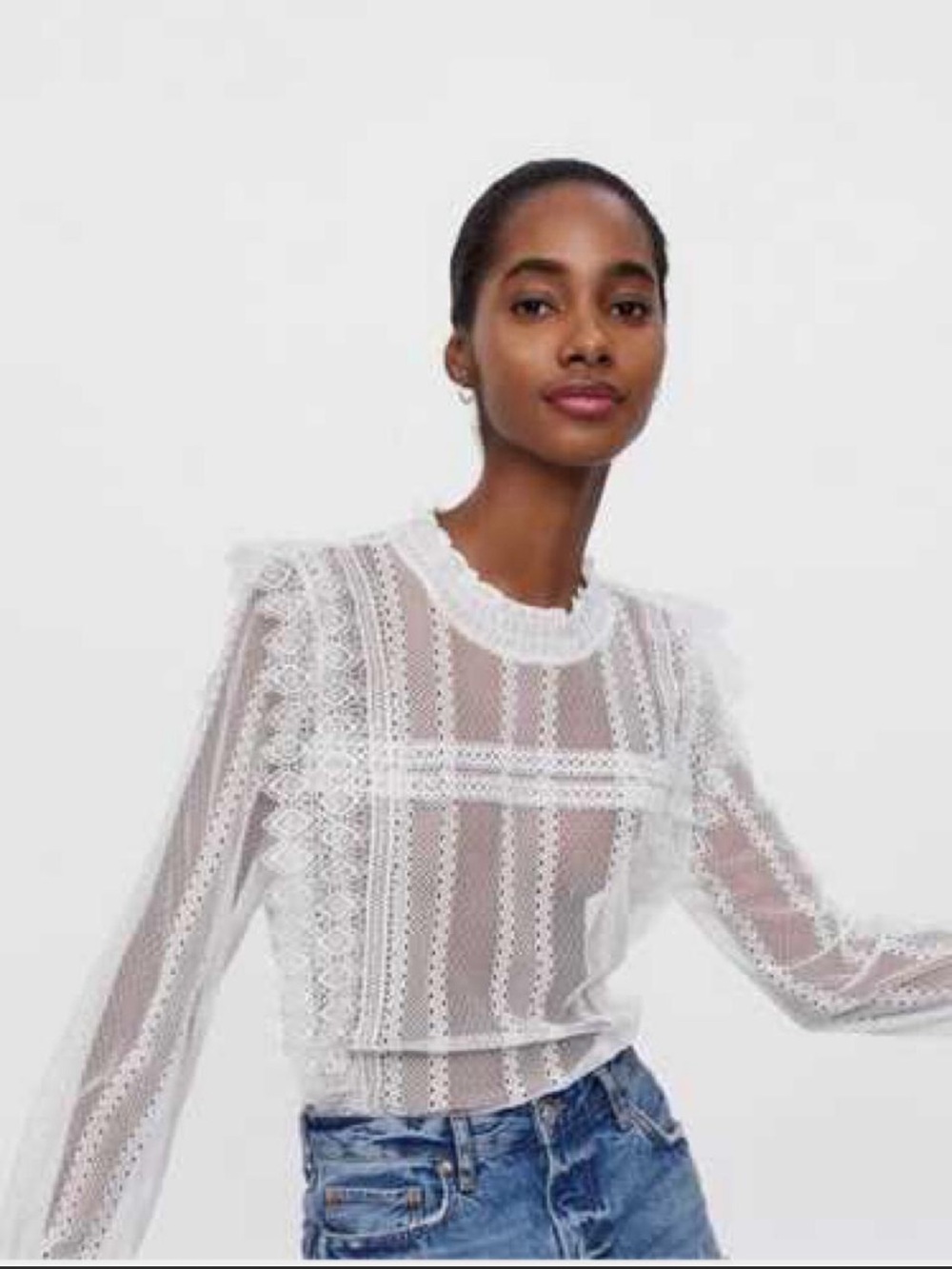 Zara White Sheer Lace Long-Sleeve Blouse